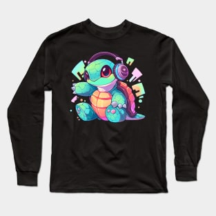 Cool Green Turtle with Headphones Long Sleeve T-Shirt